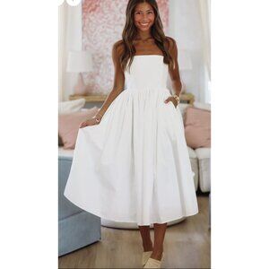 KLESIS Strapless Smocked Midi Dress in White Cottagecore Coquette Wedding